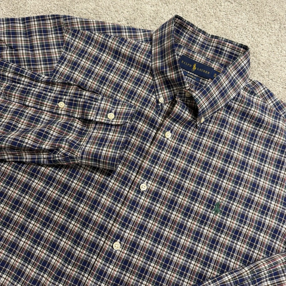 Ralph Lauren Shirt Mens Sz XL Navy Blue Plaid Tartan Long Sleeve Button Down